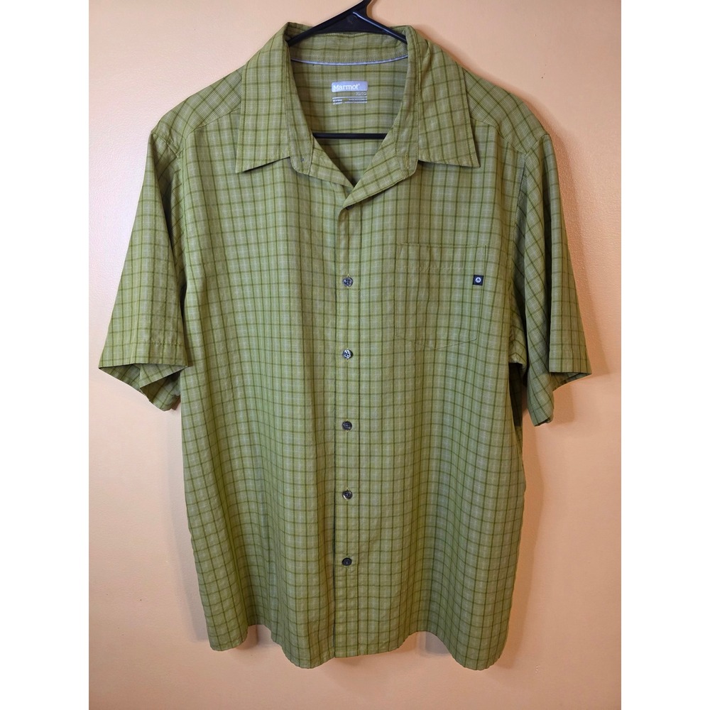 Marmot Mens XL Short Sleeve Button Down Shirt Green Plaid Outdoor Hiking Rayon